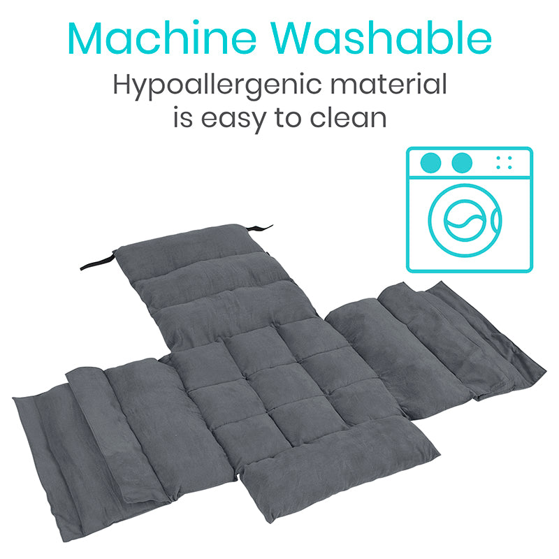 Gray quilted mat with washing machine icon and text indicating machine washable and hypoallergenic material.