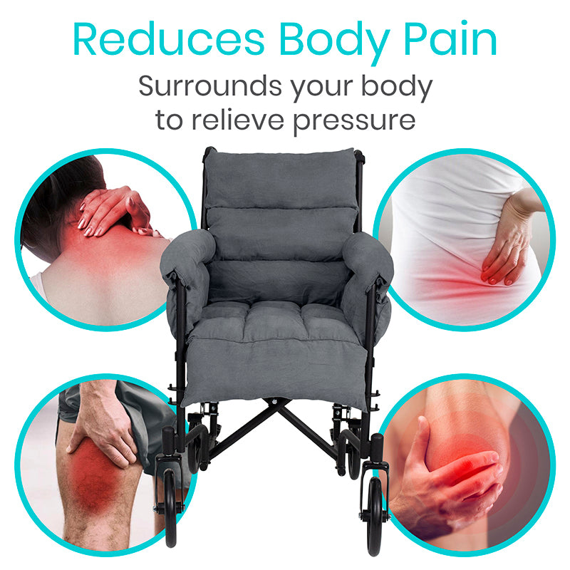 Gray cushioned wheelchair with images of body pain relief around it