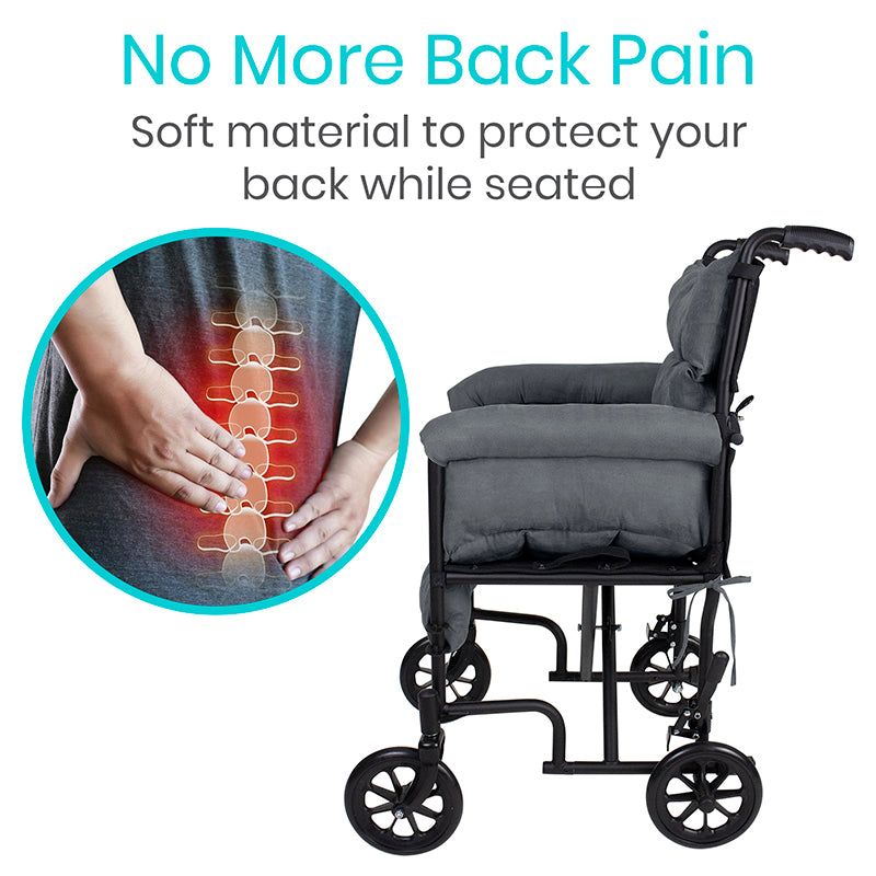 Wheelchair with back cushioning and illustration of back pain relief, text 'No More Back Pain'.
