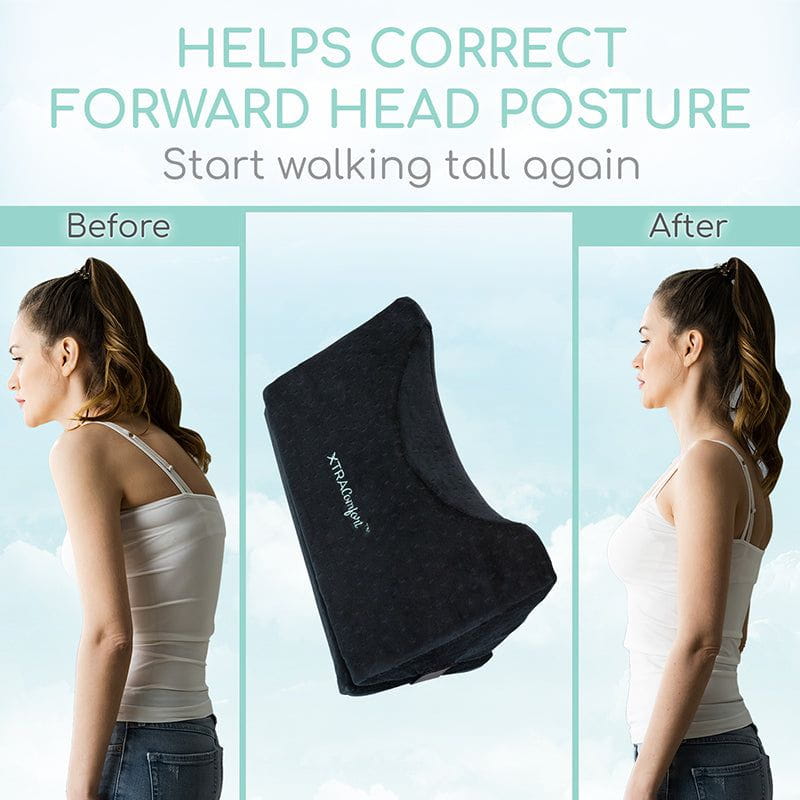Before and after comparison of a woman using a black posture corrector to correct forward head posture.