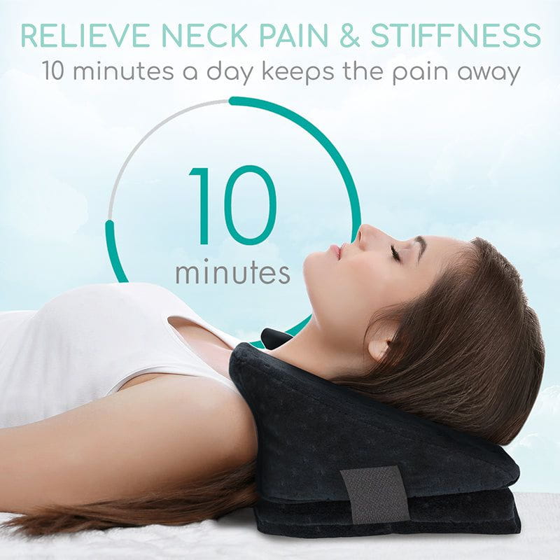 Person using a neck pillow with text promoting relief from neck pain and stiffness.