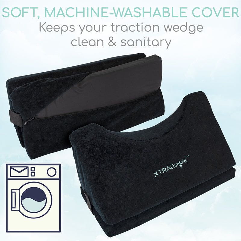 Black machine-washable cover for traction wedge with XTRA Comfort branding on a light blue background.