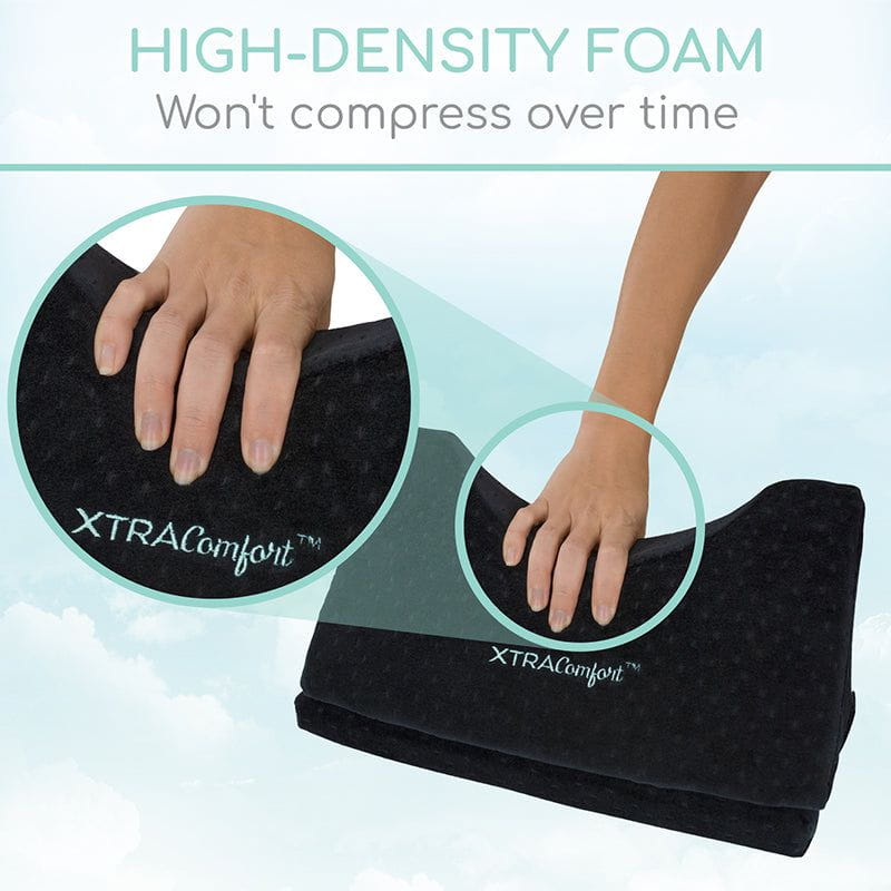 XTRAComfort high-density foam product with hand demonstration on a light blue background