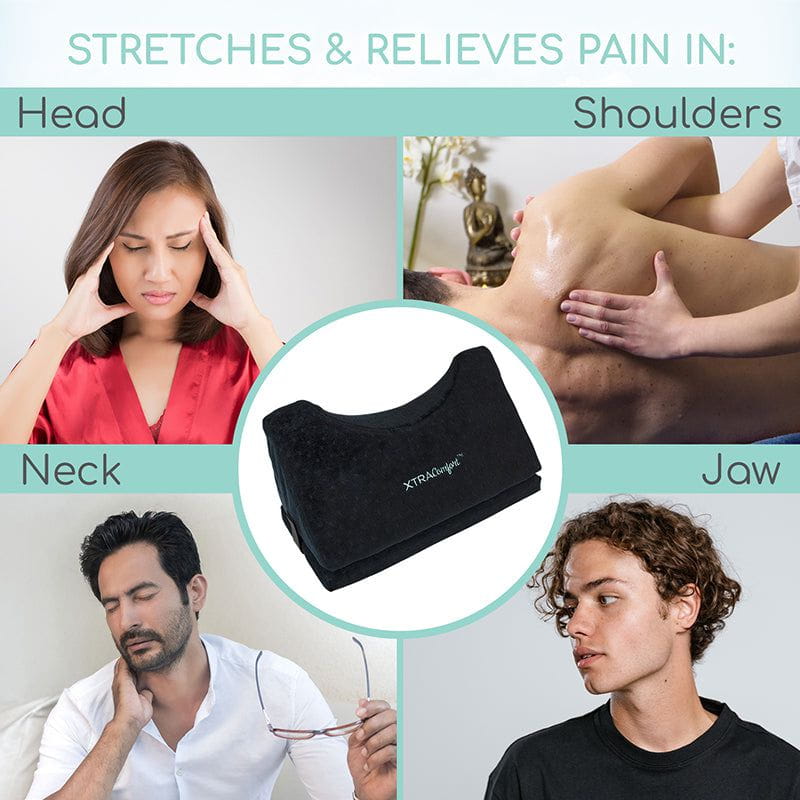 Black heating pad with text indicating pain relief for head, shoulders, neck, and jaw.