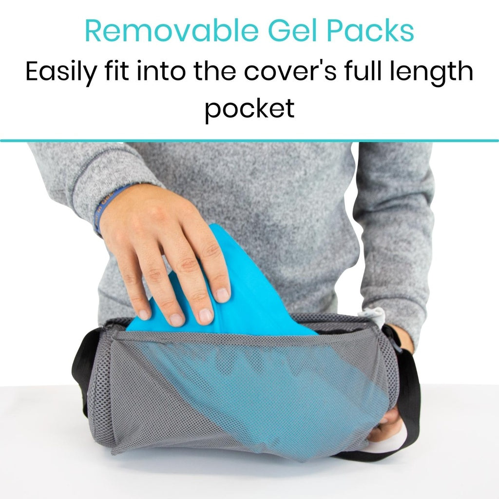 Person holding a blue and gray compression wrap with text about removable gel packs.