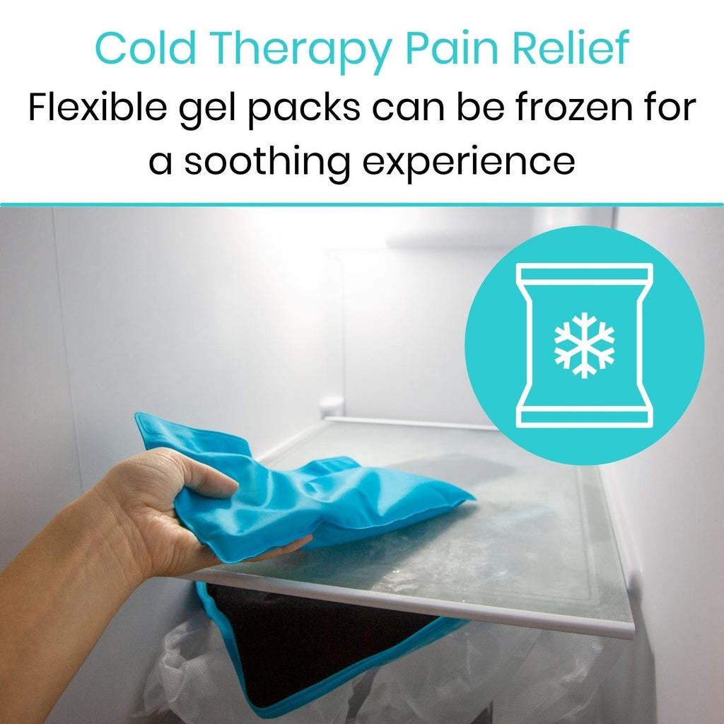 Blue gel pack being taken out of a freezer with text about cold therapy pain relief.