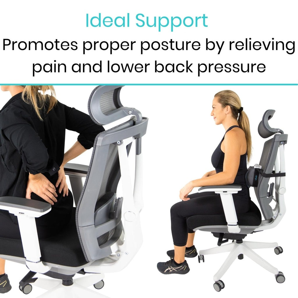Two people using ergonomic office chairs with text about ideal support.