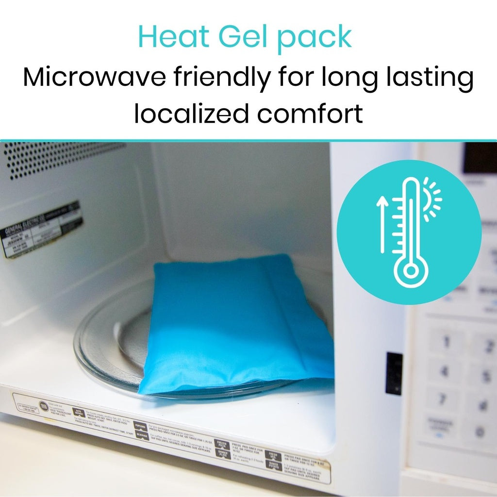 Blue heat gel pack inside a microwave with text about its microwave-friendly properties.