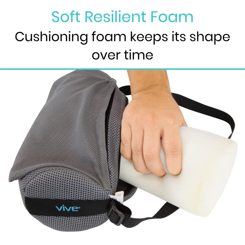 Gray Vive backpack with a hand holding white cushioning foam, text about soft resilient foam.
