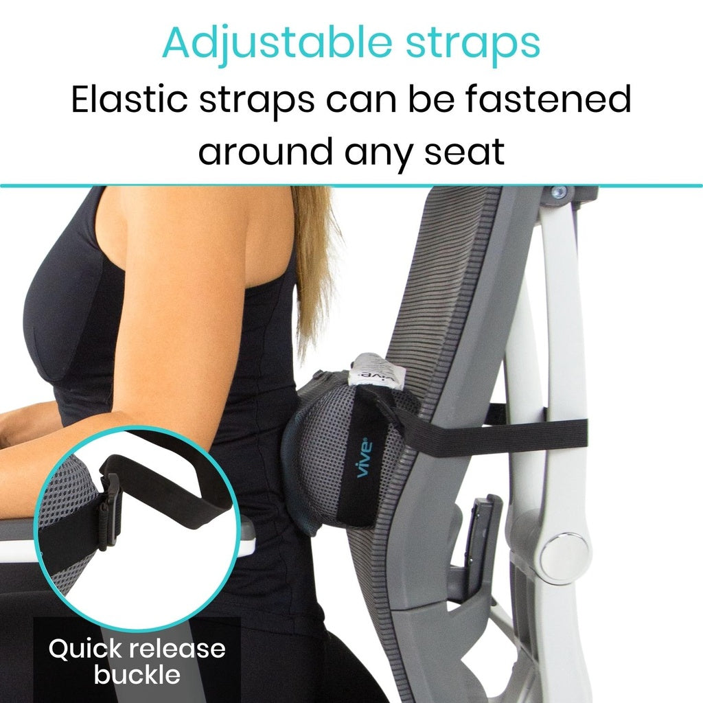 Person using a back support device with adjustable straps on a chair, featuring a quick release buckle.
