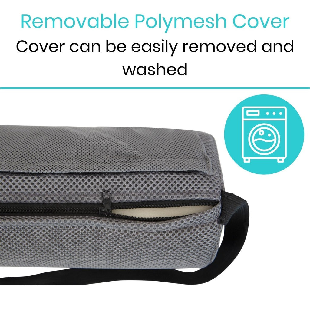 Gray polymesh bag with text about a removable cover and washing icon.