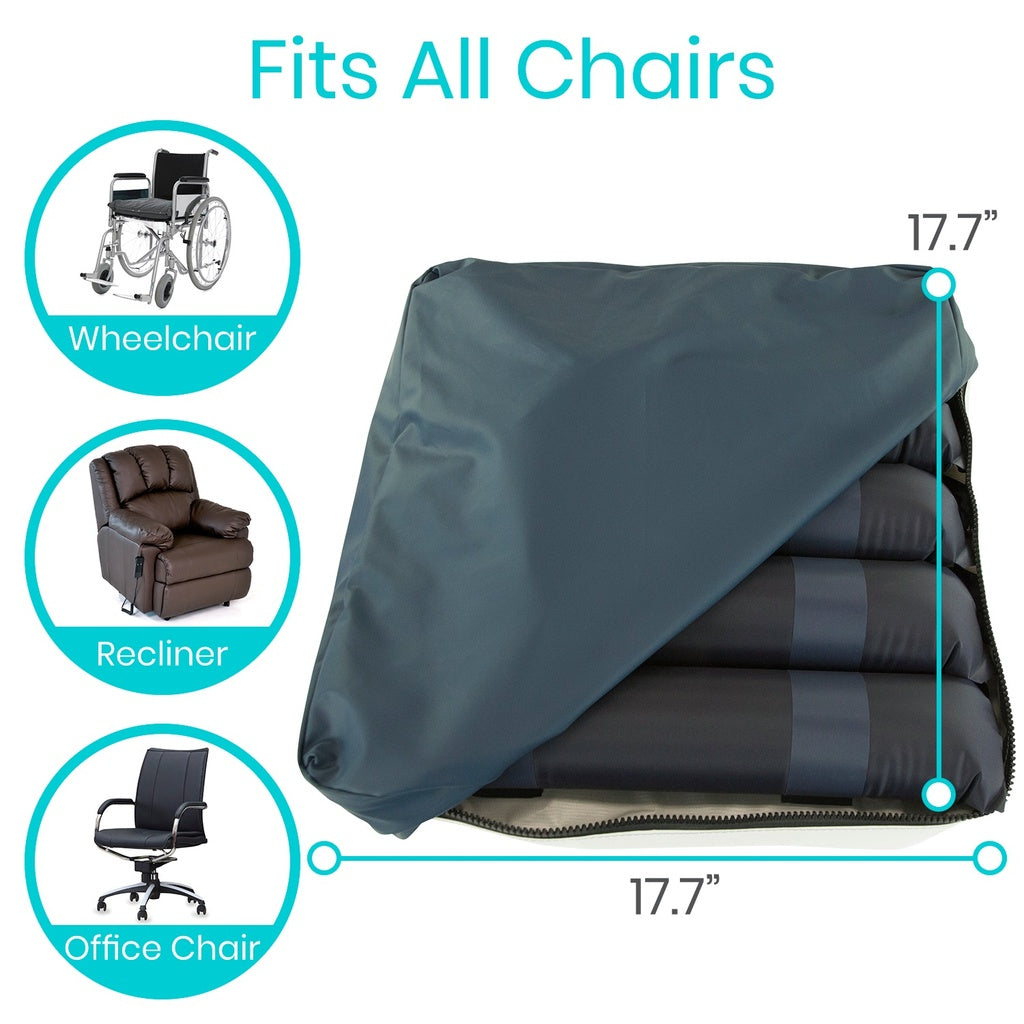 Chair cover with dimensions and compatibility icons for wheelchair, recliner, and office chair.