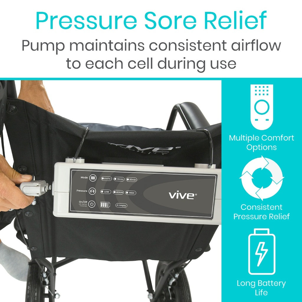 Vive pressure relief pump attached to a wheelchair with product features highlighted on the right.