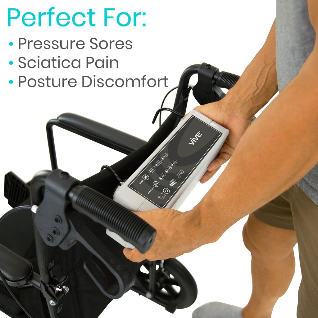Person using a Vive device on a machine labeled 'Perfect For: Pressure Sores, Sciatica Pain, Posture Discomfort'.