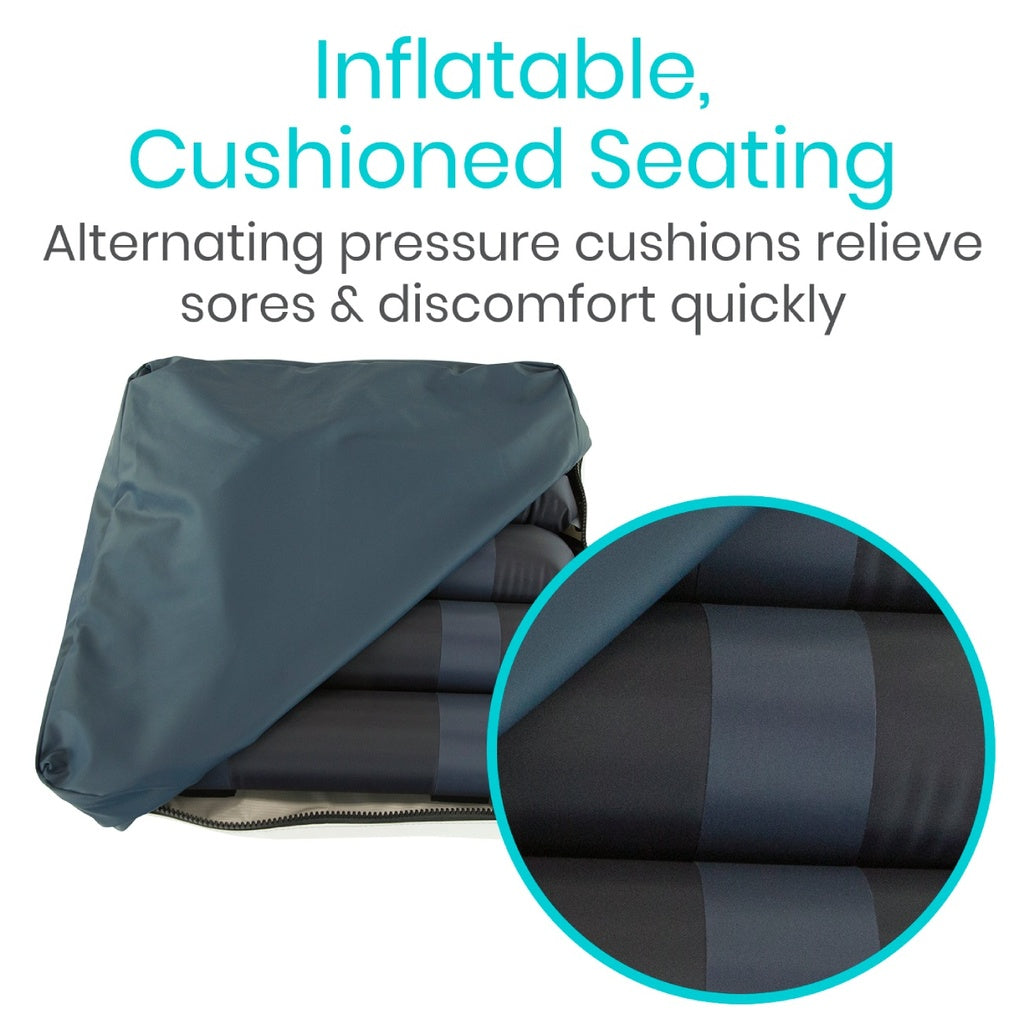 Inflatable cushioned seating with text highlighting its benefits on a white background