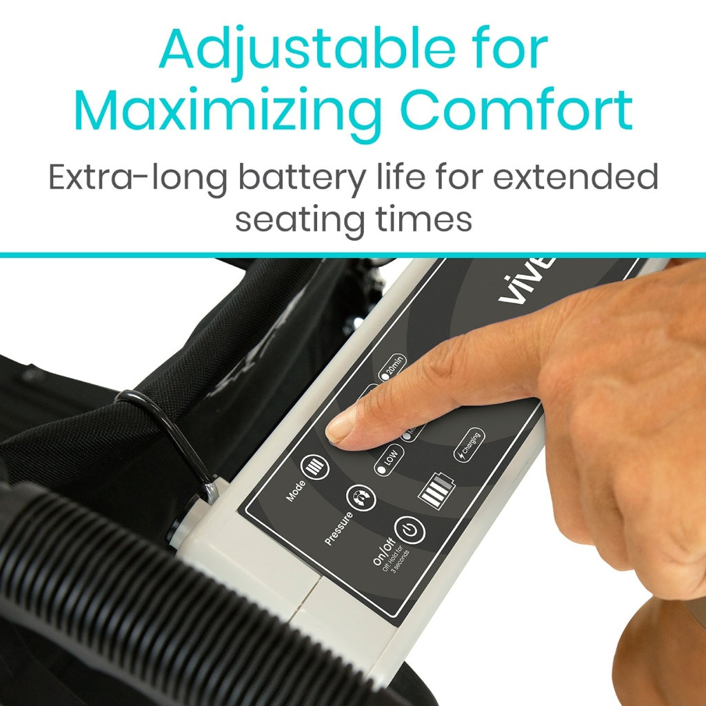 Hand adjusting a control panel on a machine with text about adjustable settings and battery life.