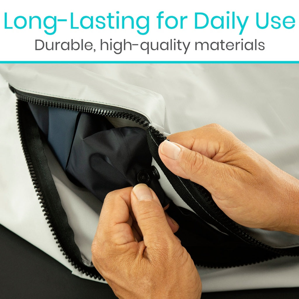 Person zipping a white bag with text about durable materials
