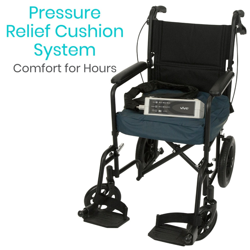 Wheelchair with a pressure relief cushion system on a white background