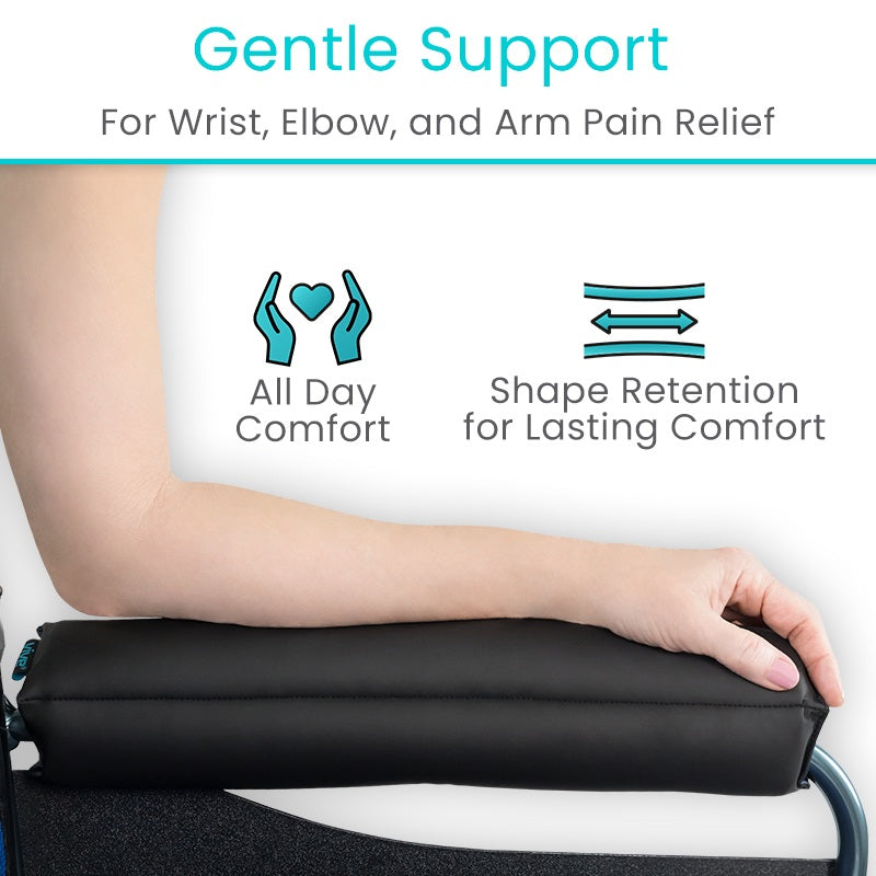 Black arm support brace with text on comfort and shape retention, used for wrist, elbow, and arm pain relief.