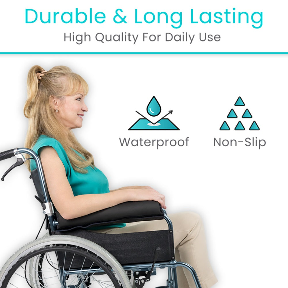 Woman in a wheelchair with a cushion, text 'Durable & Long Lasting', 'High Quality For Daily Use', icons for waterproof and non-slip properties.