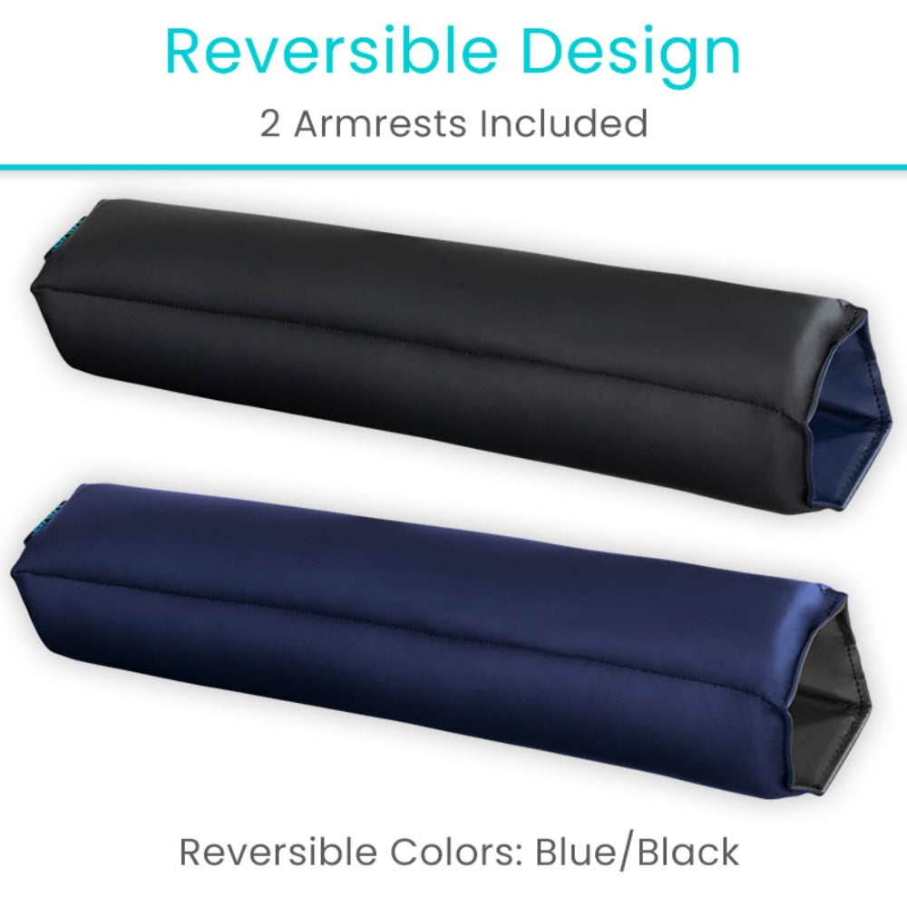 Two reversible armrest covers, one black and one blue, on a white background.