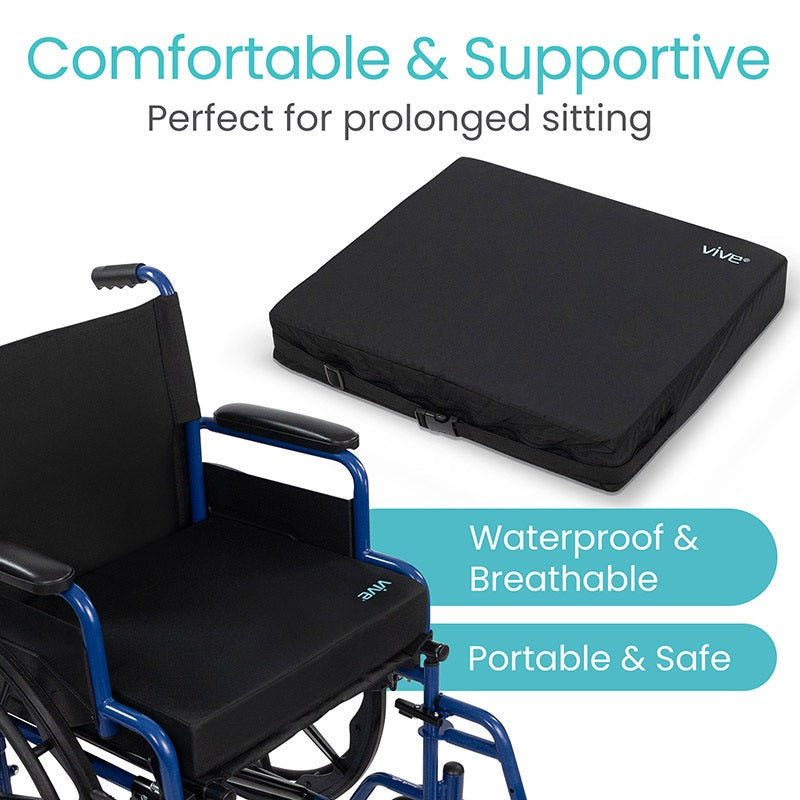 Wheelchair with a black cushion labeled 'VIVA' on a white background, highlighting comfort and safety features.