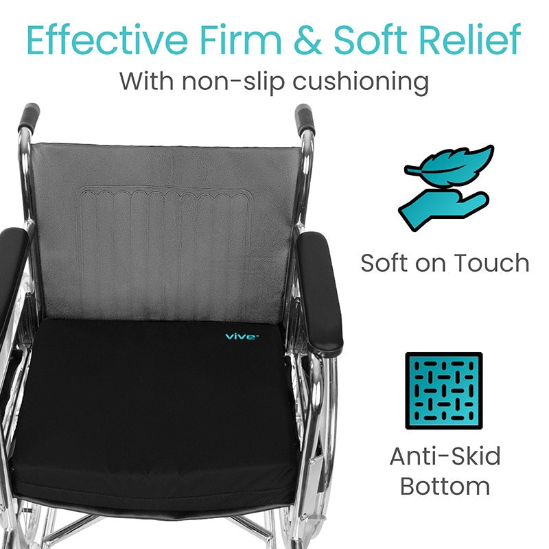 Wheelchair with cushioning labeled for effective firm and soft relief, non-slip properties, and Vive branding.