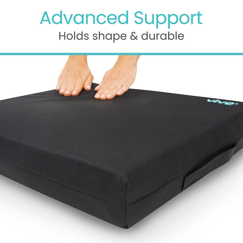 Black cushion with 'Vive' branding, showing support for feet.