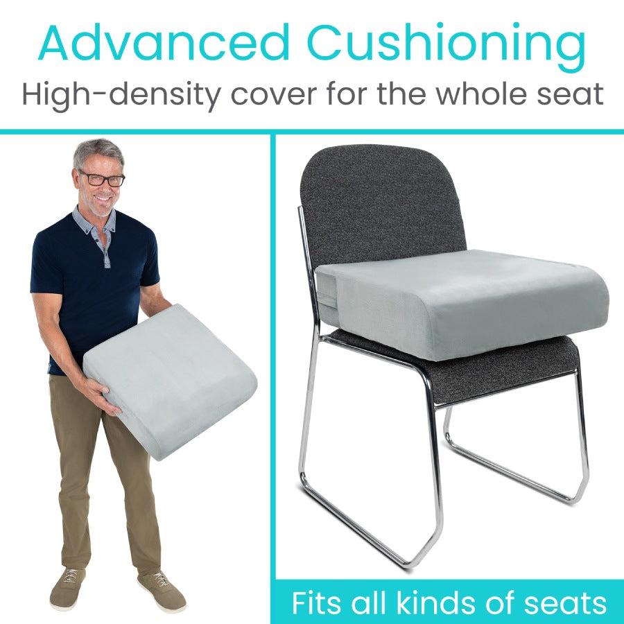 Man holding a cushion next to a chair with a cushion on it, emphasizing advanced cushioning technology.