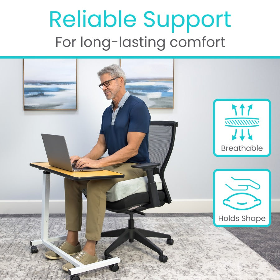 Man using a laptop at a standing desk with text 'Reliable Support For long-lasting comfort' and icons indicating features.