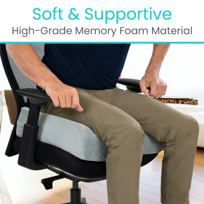 Person sitting on a chair with high-grade memory foam material, text 'Soft & Supportive High-Grade Memory Foam Material' above.