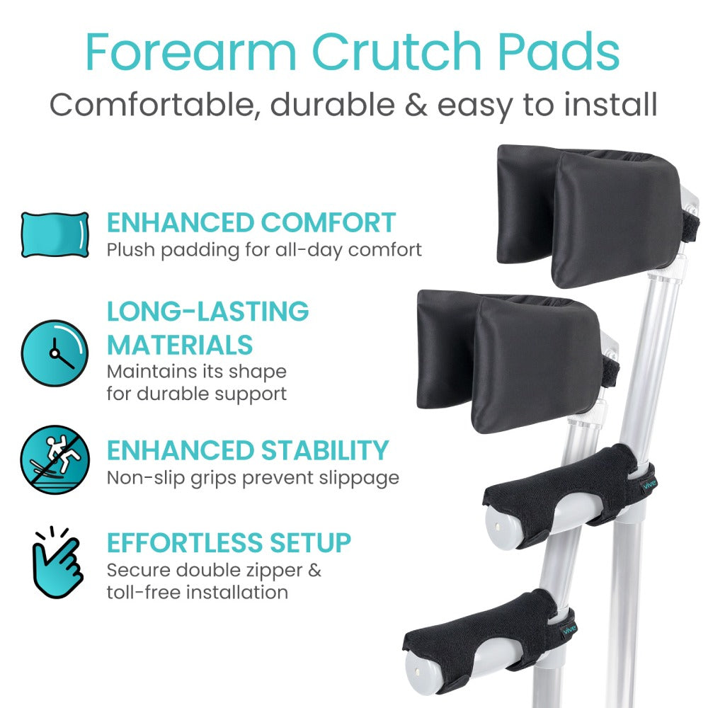 Forearm crutch pads with features listed on a white background