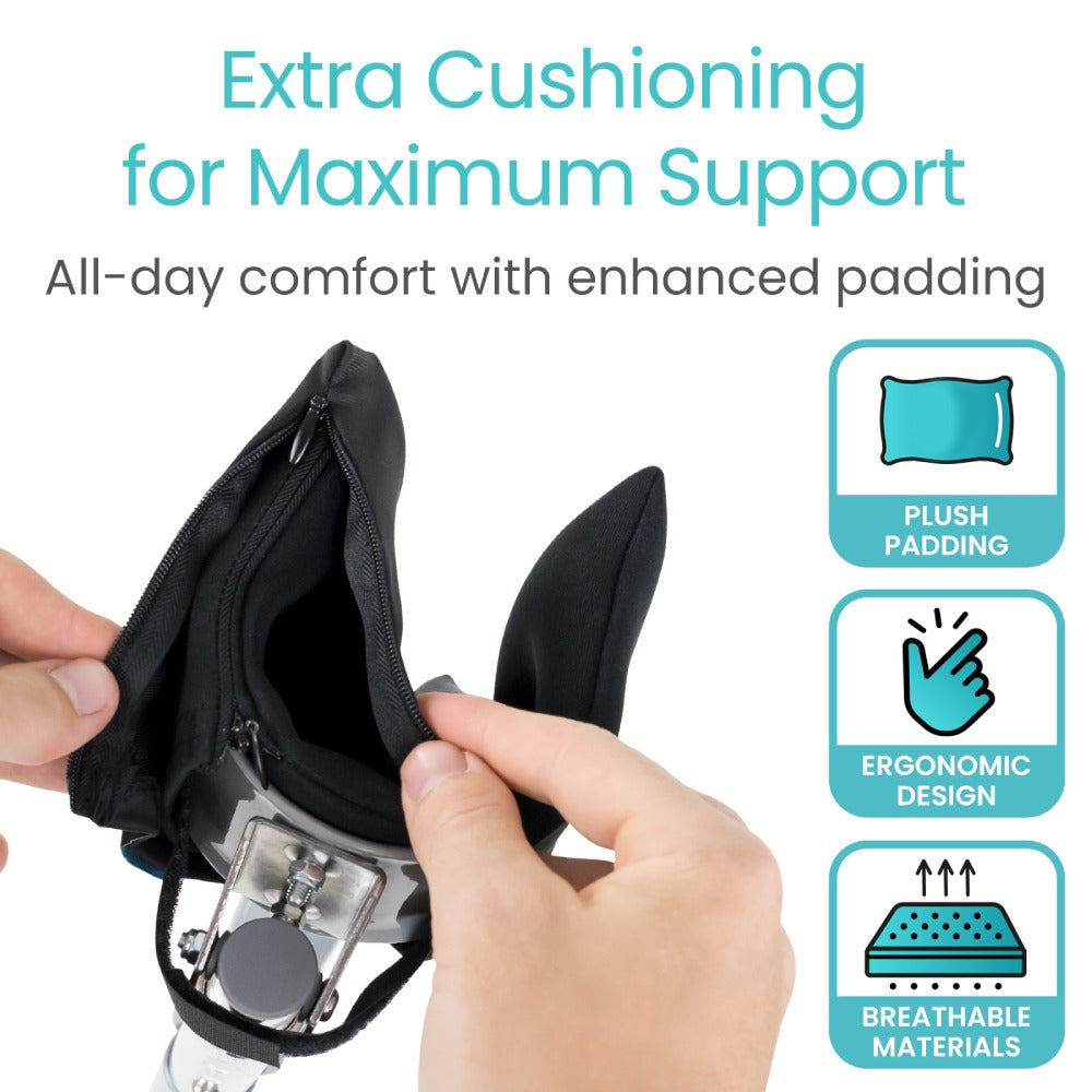 Black camera bag with hands holding it, featuring text about extra cushioning for maximum support.