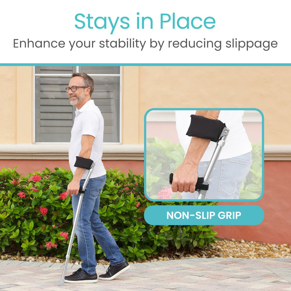 Man using a walking aid with non-slip grip feature, outdoors.