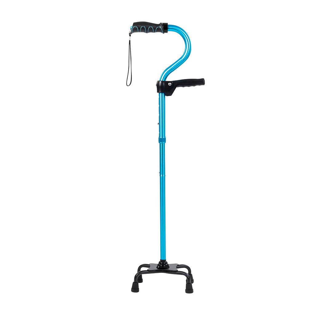 Blue walking cane with black handles on a white background