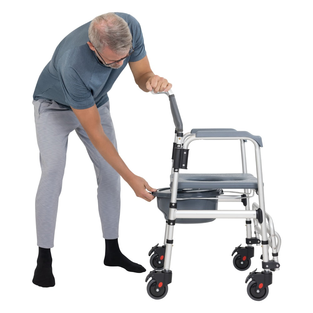 Man using a mobility aid with a seat and wheels on a white background