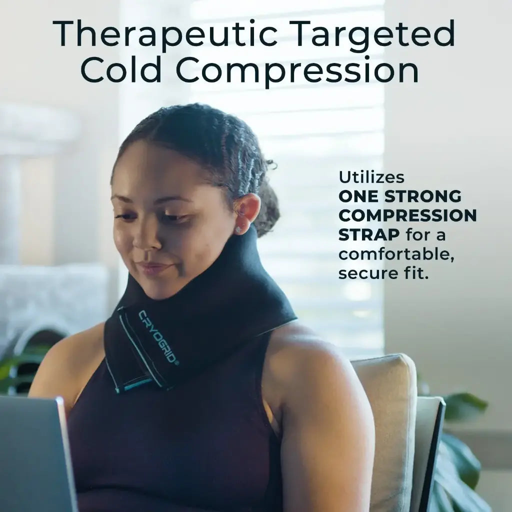woman sitting at desk with neck cooling pack