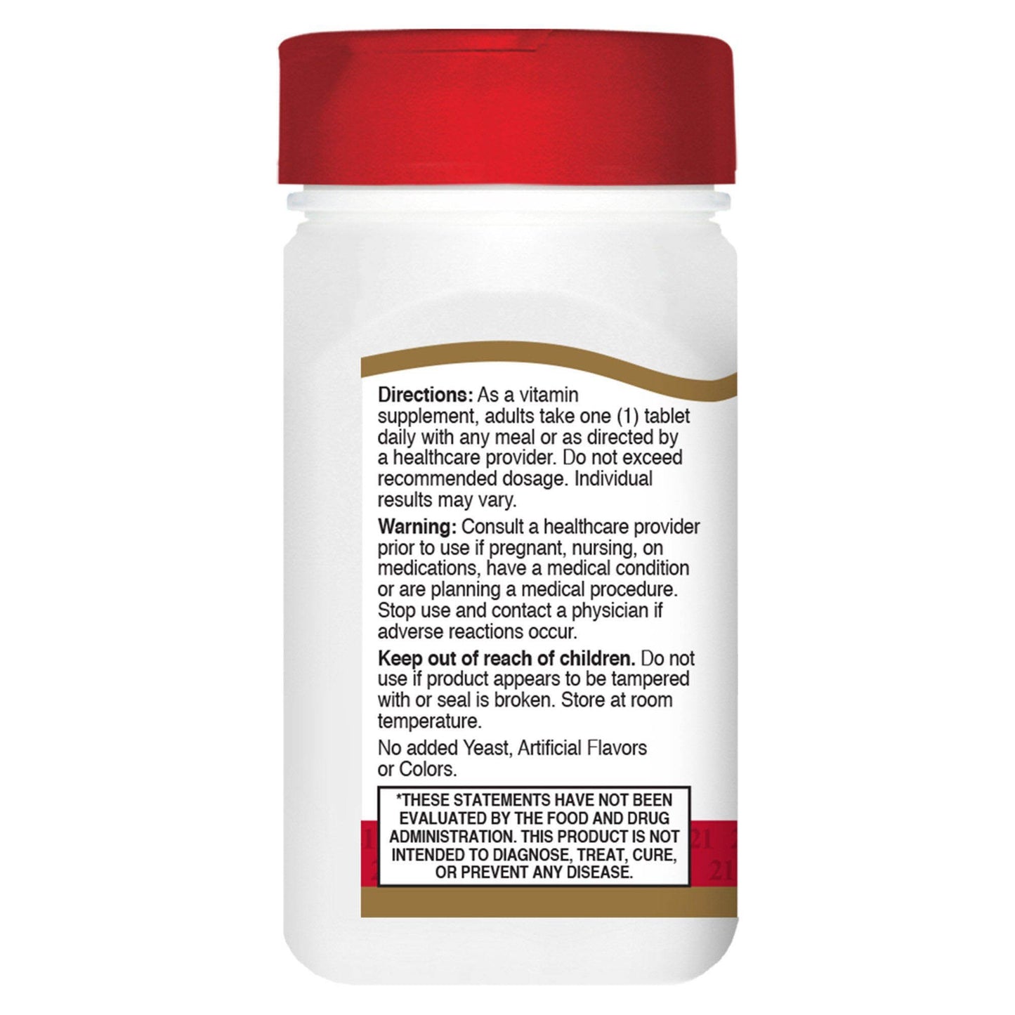 Vitamin supplement bottle with red cap and white label on a white background