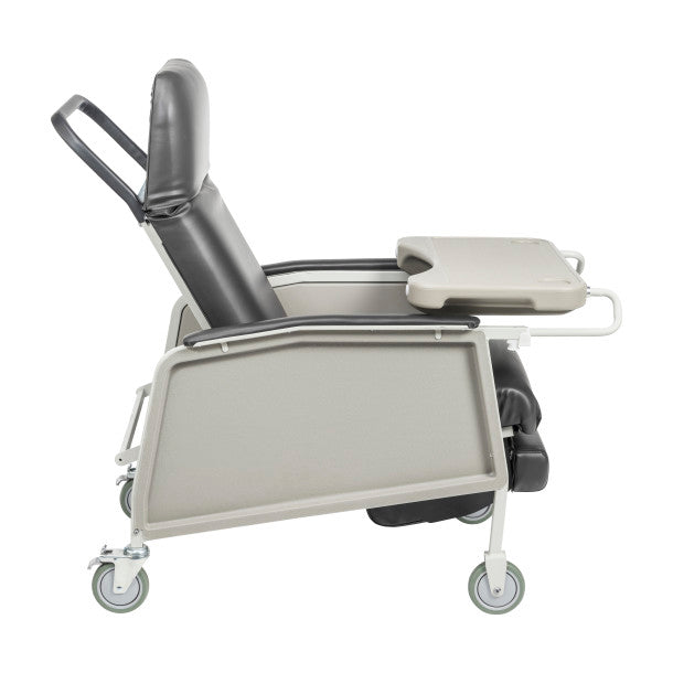 Medical examination table with wheels on a white background