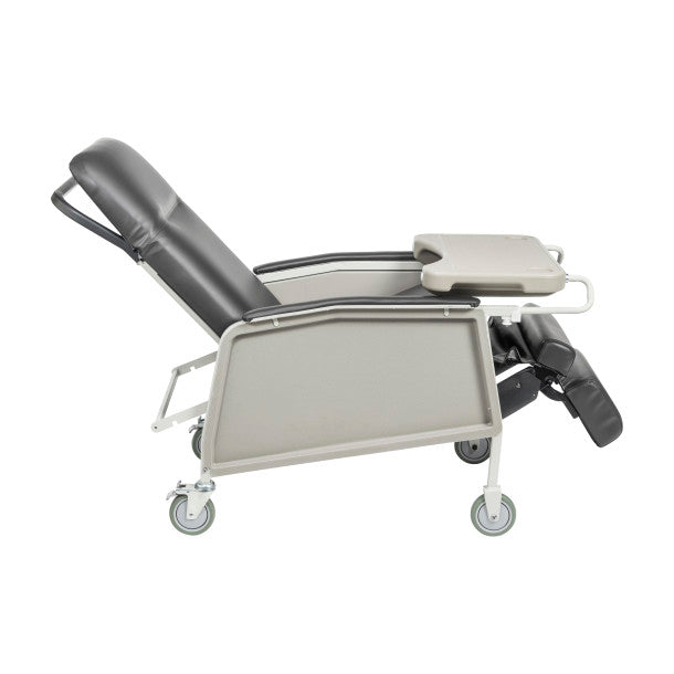 Recliner chair with adjustable headrest and footrest on a white background