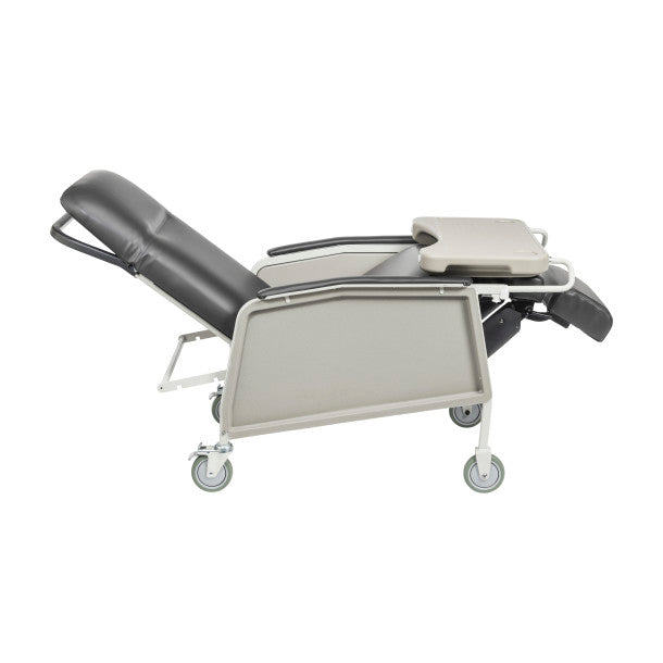 Medical examination table with adjustable headrest on a white background