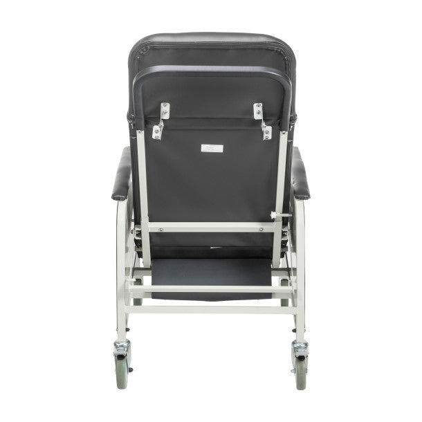 Black reclining chair with wheels on a white background