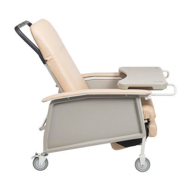 Beige recliner chair with tray on a white background