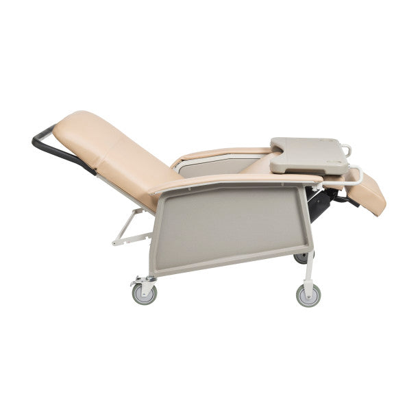 Beige recliner chair with tray on a white background