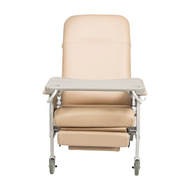 Beige recliner chair with adjustable headrest on a white background