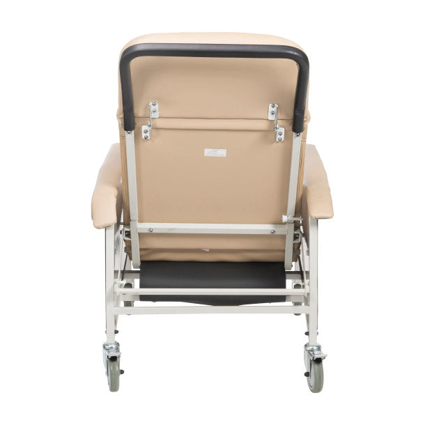 Beige patient lift chair with wheels on a white background