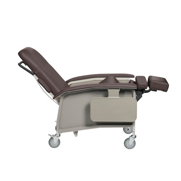 Medical examination chair with adjustable features on a white background