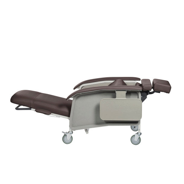 Medical examination table with wheels on a white background