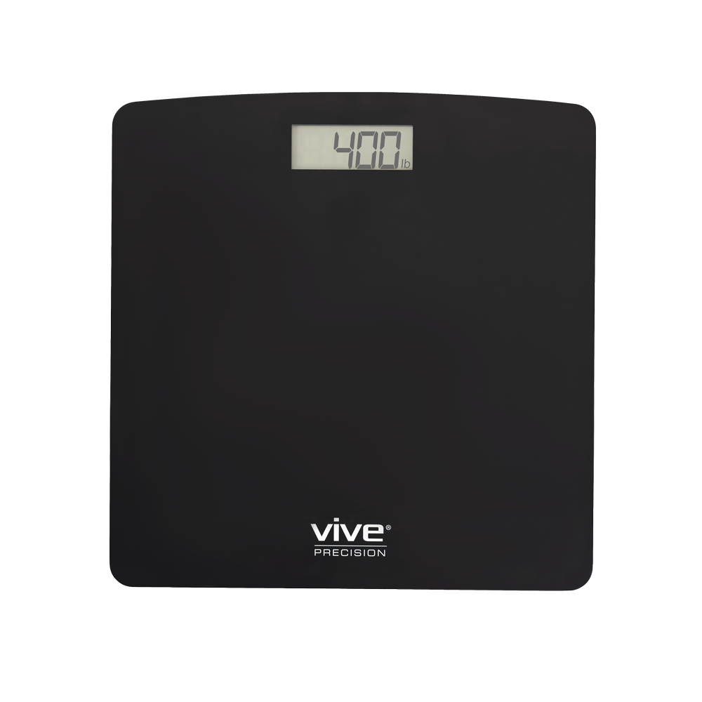 Black digital bathroom scale with 'Vive Precision' branding on a white background