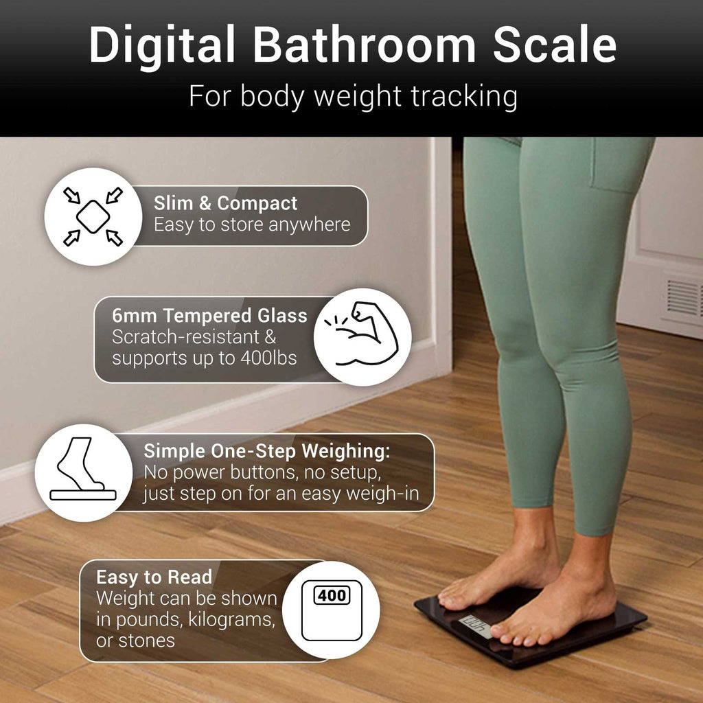 Digital bathroom scale with features highlighted and a person using it.